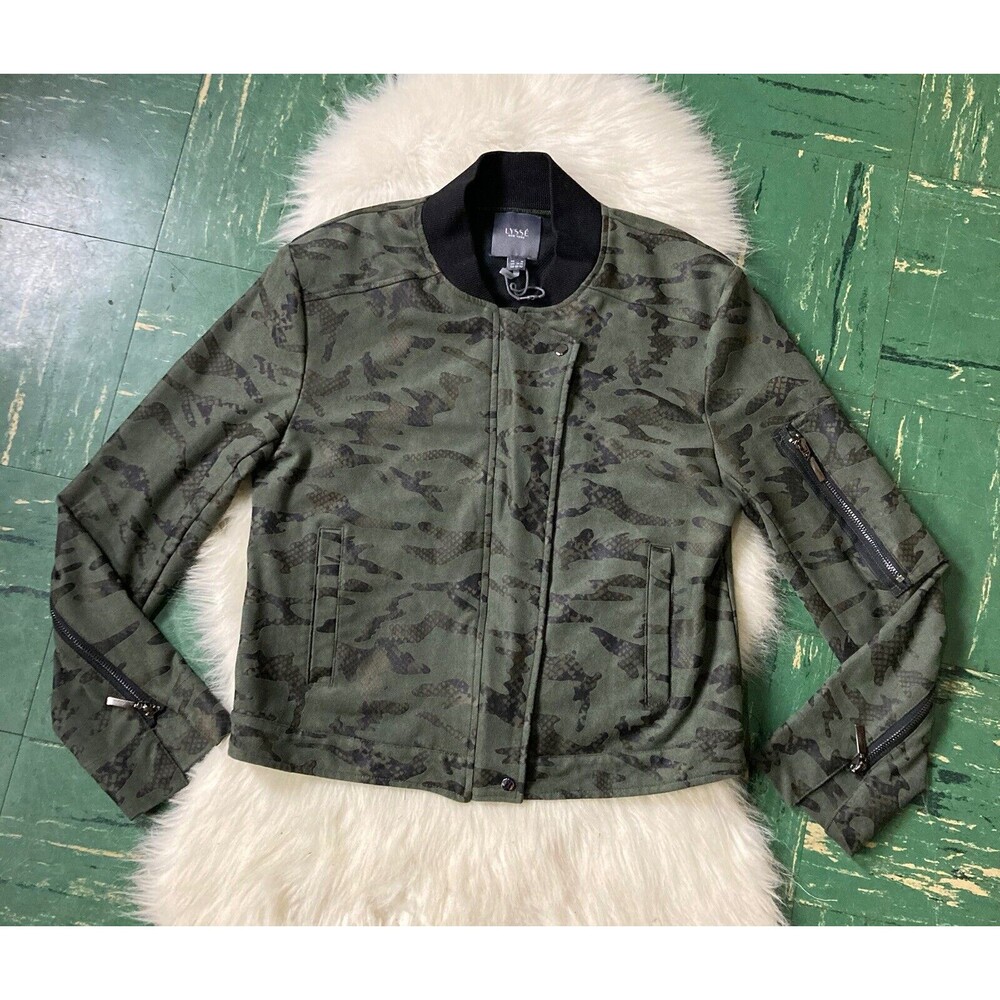 LYSSÉ NY Moto Zip Up Snap Jacket Camouflage Green Sz Medium Green Army Short EUC